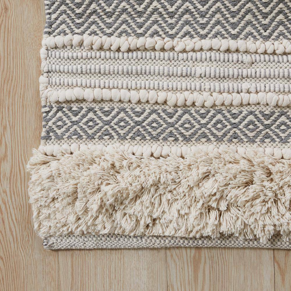 Nordic Shaggy Grey and Beige Patterned Bathroom Rug