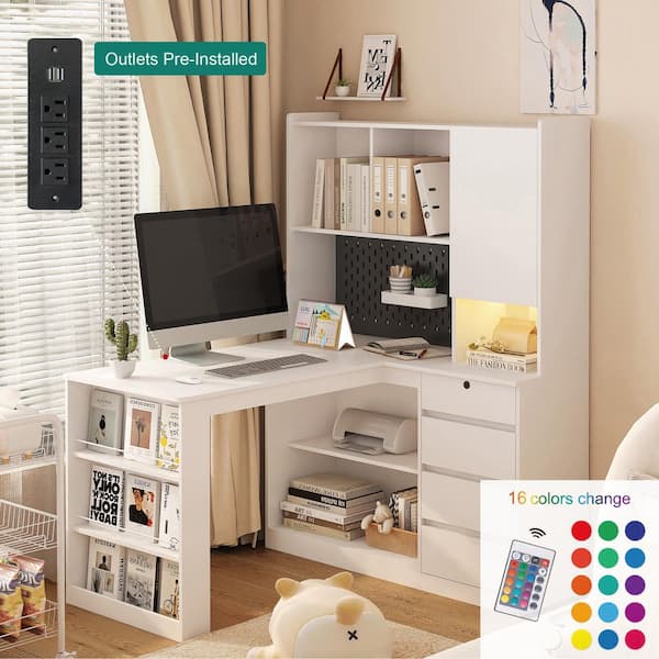 46 in. L-Shaped White1 Wood 4-Drawer Computer Desk with Open Shelves & Charging Station, Left Facing