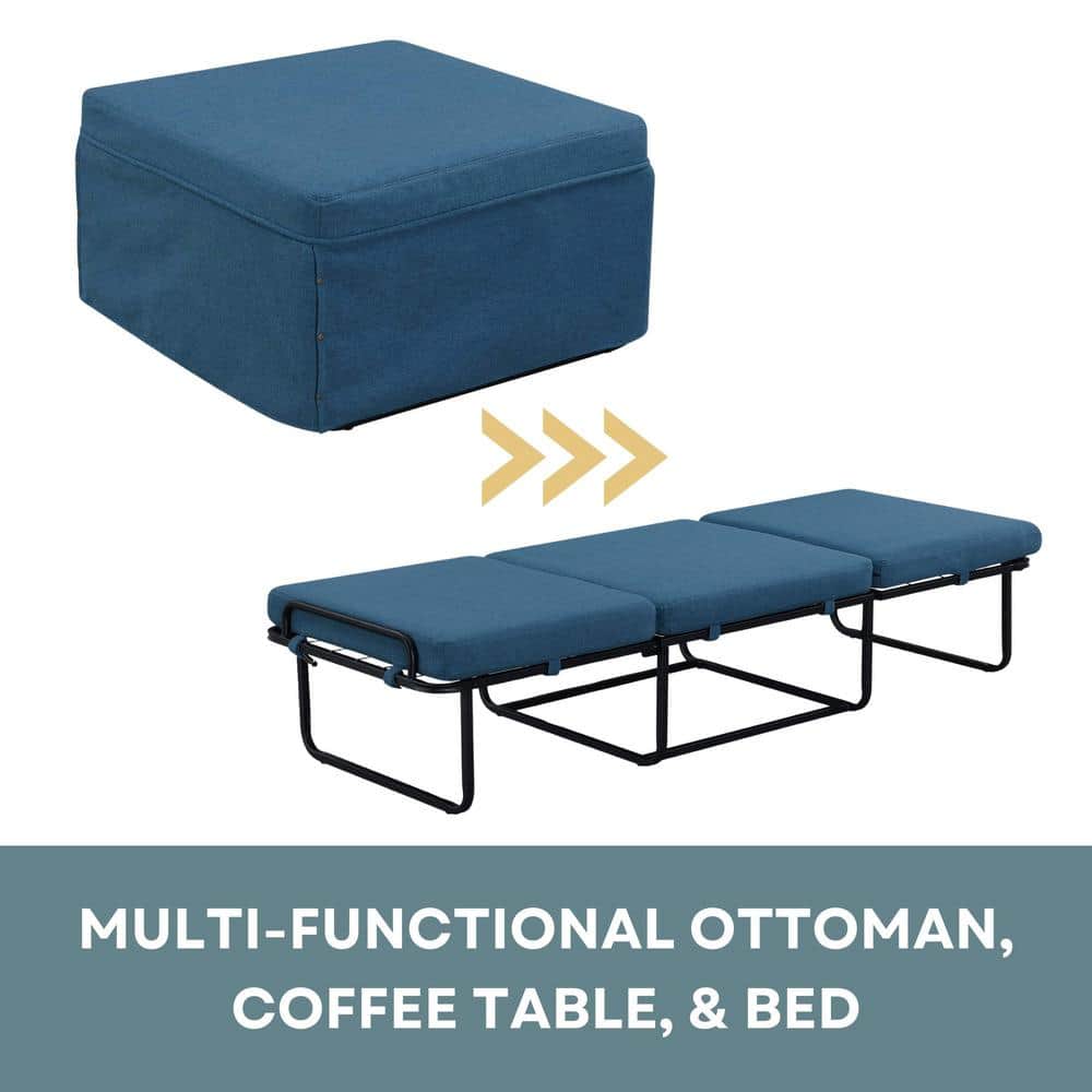 Soft Blue Fabric Convertible Ottoman Twin Bed with Metal Frame