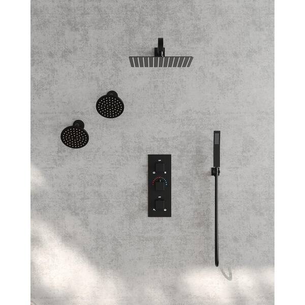 EVERSTEIN 8-Spray Patterns  12 in. and Two 6 in. Dual Shower Head Wall Mount Fixed Shower Head with Handheld In Matte Black