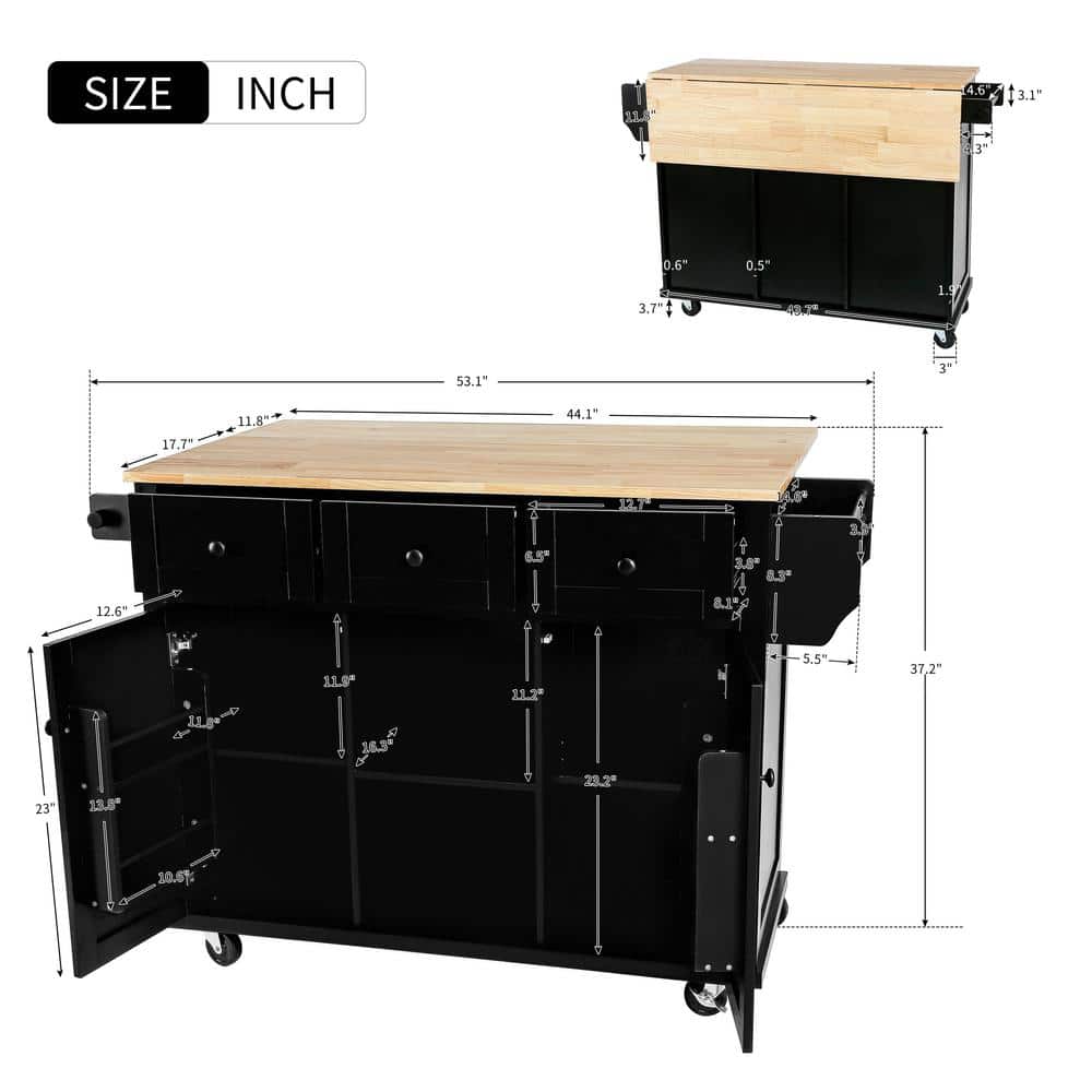Black Wood Drop-Leaf Kitchen Cart with Storage and Spice Rack