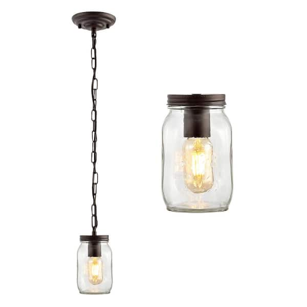 Gaines 5.5 in. 1-Light Farmhouse Industrial Iron Mason Jar LED Pendant, Oil Rubbed Bronze/Clear