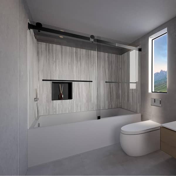NuVo Driftwood-Tetherow 60 in. L x 32 in. W x 83 in. H Rectangular Tub/ Shower Combo Unit in Matte Black Left Drain