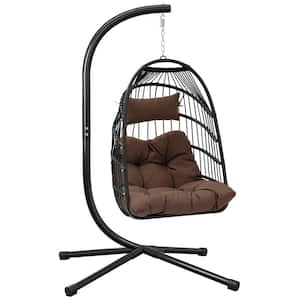 Brown Wicker Egg-Shaped Patio Swing Outdoor Lounge Chair with Cushion