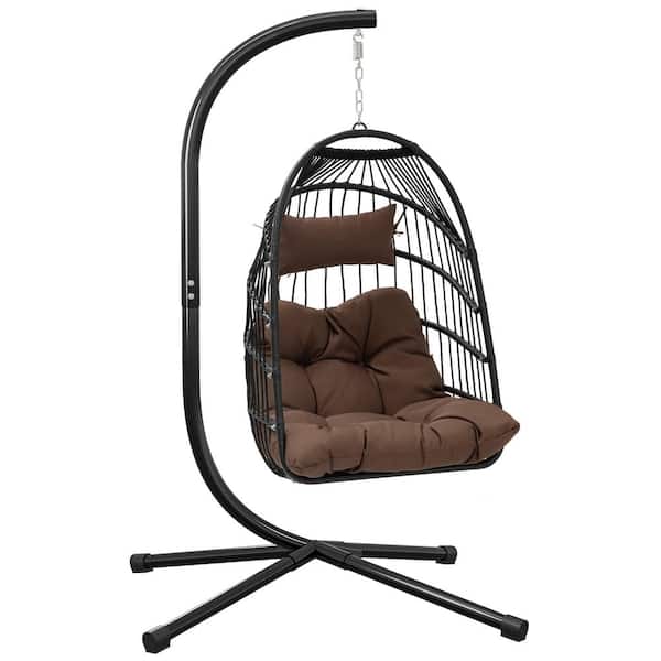 DEXTRUS Brown Wicker Egg-Shaped Patio Swing Outdoor Lounge Chair with Cushion