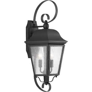 Kiawah Collection 2-Light Textured Black Clear Seeded Glass Farmhouse Outdoor Medium Wall Lantern Light