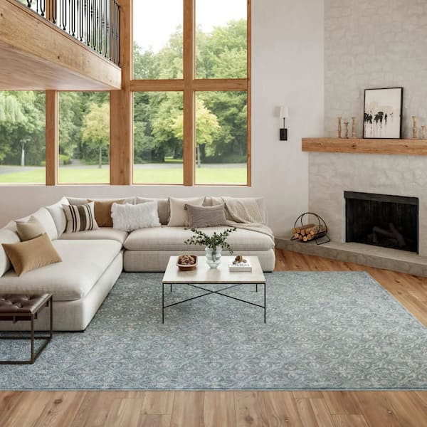 Washable Charm Blue Ivory 8 ft. x 10 ft. All-over design Contemporary Area Rug