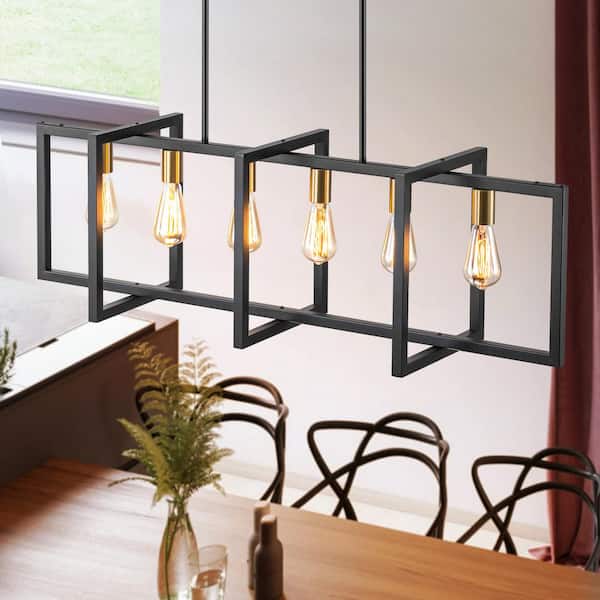 RRTYO Luyster 6-Light Black Industrial Rectangular Linear Pendant Kitchen Island Cage Farmhouse Chandelier for Dining Room