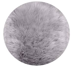 Sheepskin Faux Furry Grey 7 ft. x 7 ft. Cozy Round Rugs Area Rug