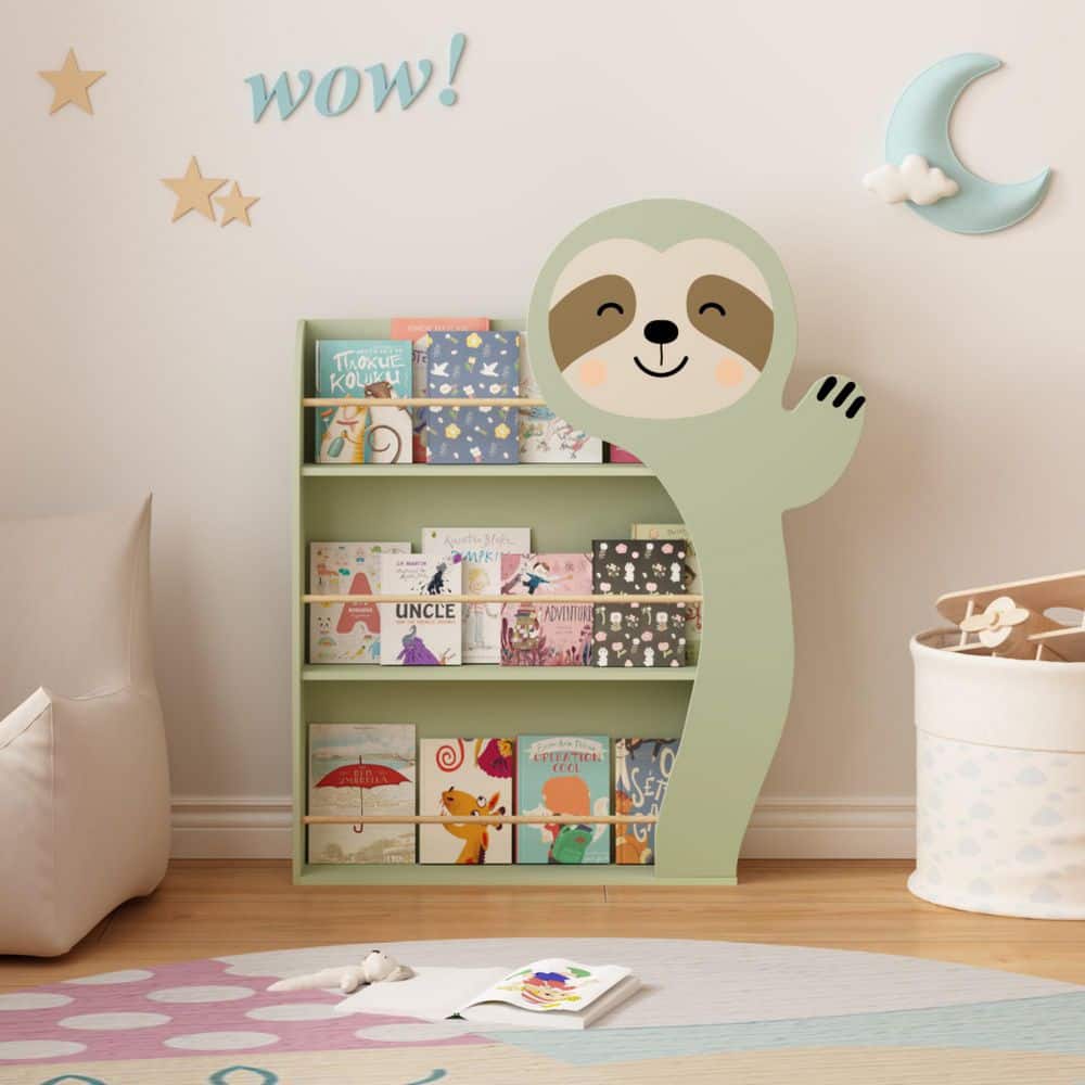 Orixo 39.4 in. Tall Sage Green MDF Wood 3-Tier Sloth Kids Bookcase with Open Display Shelves price history on PriceWatchPro
