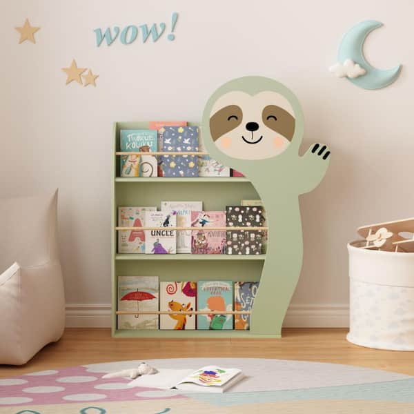 Orixo 39.4 in. Tall Sage Green MDF Wood 3-Tier Sloth Kids Bookcase with Open Display Shelves
