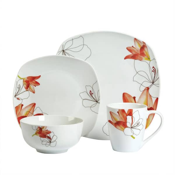 Lily 16-Piece Casual White with Pattern Ceramic Dinnerware Set (Service for 4)