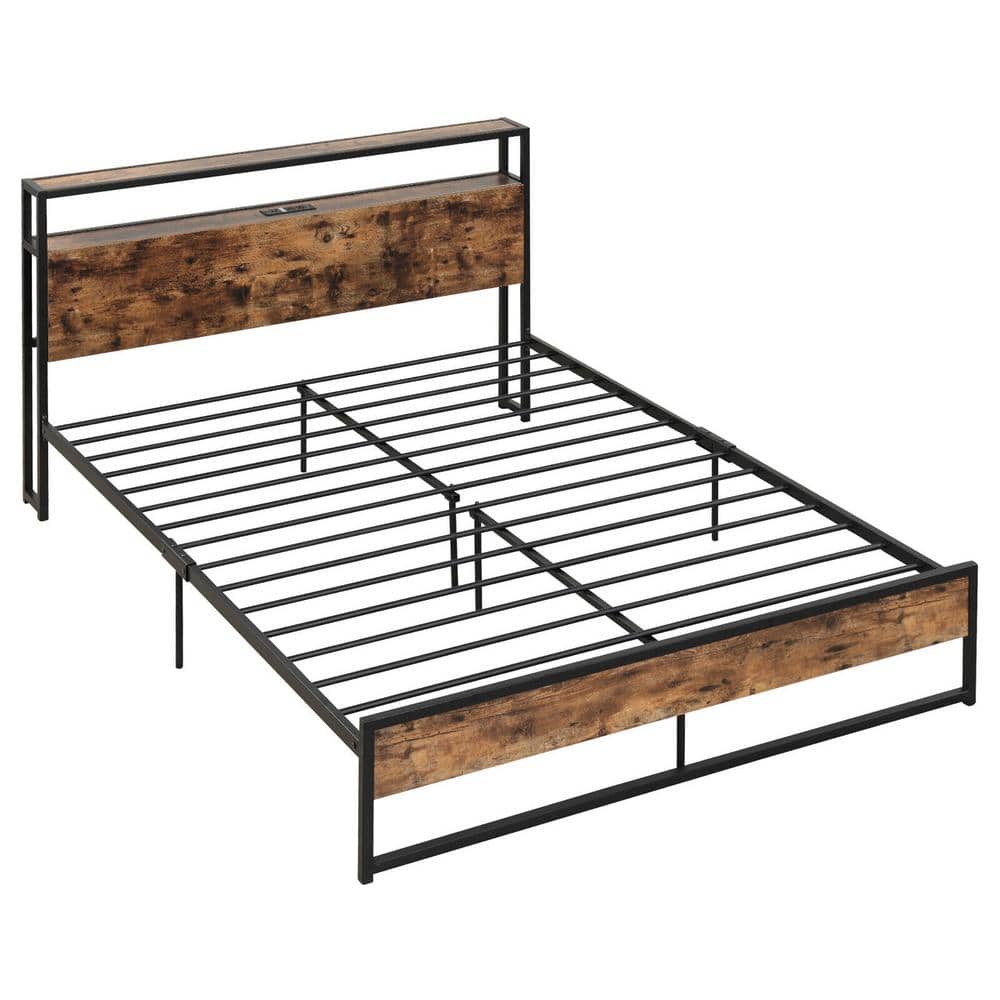 Gymax Brown Metal Frame Queen Size Industrial Platform Bed Frame Charging  Station Storage Headboard GYM11821 - The Home Depot