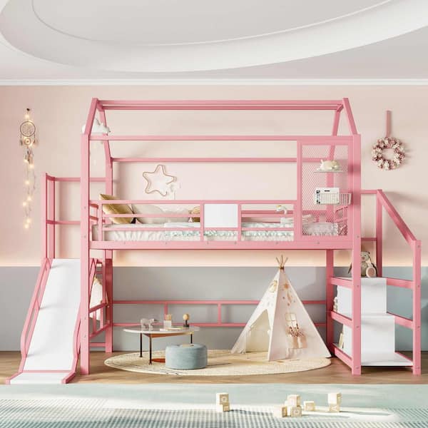 Pink Full Metal Loft Bed with Slide, Stairs and Storage Shelves