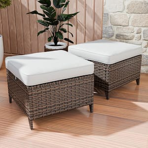 Wicker Outdoor Ottoman Patio Footstool with Removable Cushions (2-Pack)