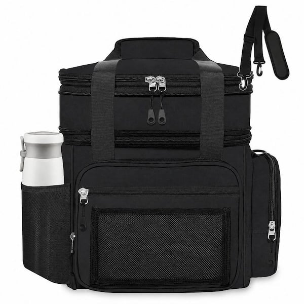 Black 15L Expandable Lunch Bag with 7 Pockets, Leakproof Cooler Design and Adjustable Shoulder Strap
