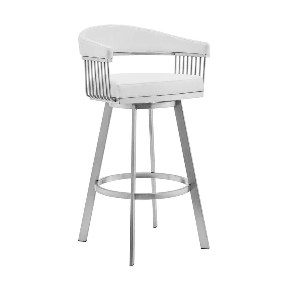 Armen Living Chelsea 26 in. White/Brushed Stainless Steel High Back Metal Swivel Counter Stool with Faux Leather Seat