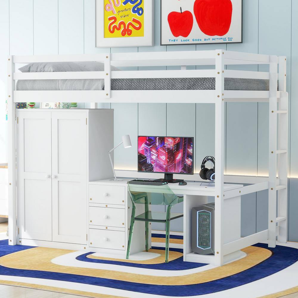 Harper And Bright Designs White Wooden Full Size Loft Bed With Wardrobe