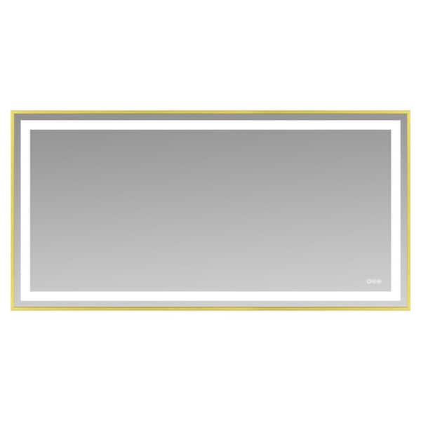 72 in. W x 36 in. H Rectangle Framed LED Anti-Fog Wall Bathroom Vanity Mirror in Gold