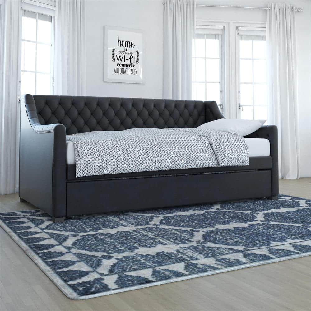 Navy Blue Velvet Twin Daybed with Trundle and Tufted Upholstery