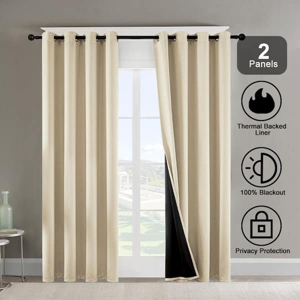Beige Polyester Grommets Thermal Insulated with Coated Lining 52 in. W x 84 in. L Indoor Blackout Curtains (Set of 2)