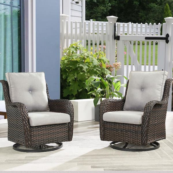 Opohoro ArcoBay Metal and Brown Wicker Outdoor Rocking Chair Patio Swivel Chairs with Olefin Beige Cushions (2-Pack)