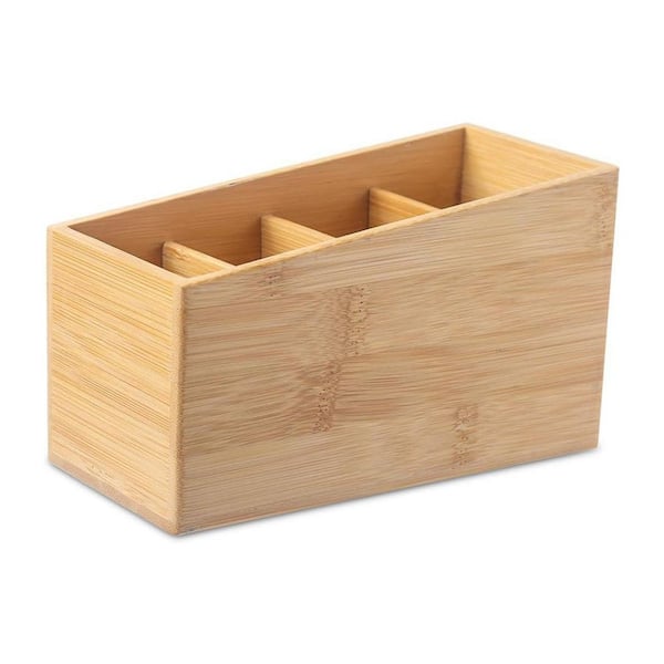 Bamboo Wood Desk Organizer 4-Compartment Remote Control Holder Caddy for Pens Pencils Phones Office Supplies