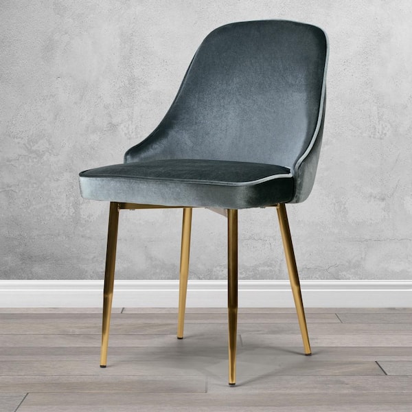 Alpha Blue-grey Velvet Chair with Brushed Golden Steel Legs (Set of 2)