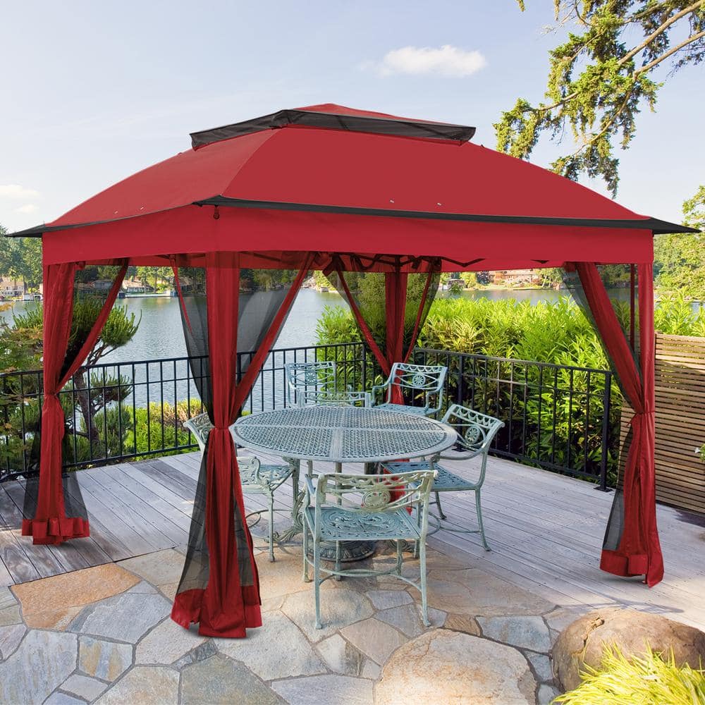 COOS BAY 11 ft. x 11 ft. Red Steel Pop-Up Gazebo with Mosquito Netting ...