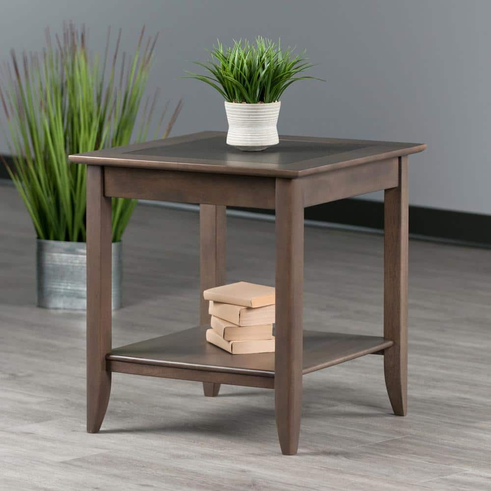 Santino Square Wood End Table in Oyster Gray with Darker Inlay