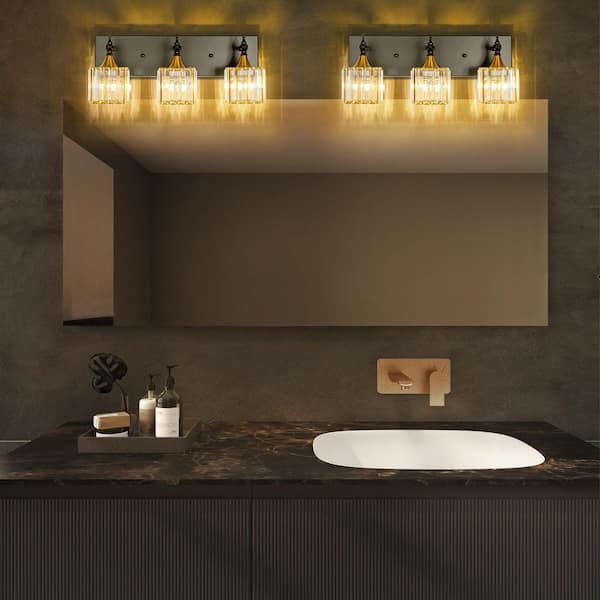 Umera 19.2 in. 3-Light Modern Vintage Antique Bronze Square Bathroom Vanity Light with Crystal Shade