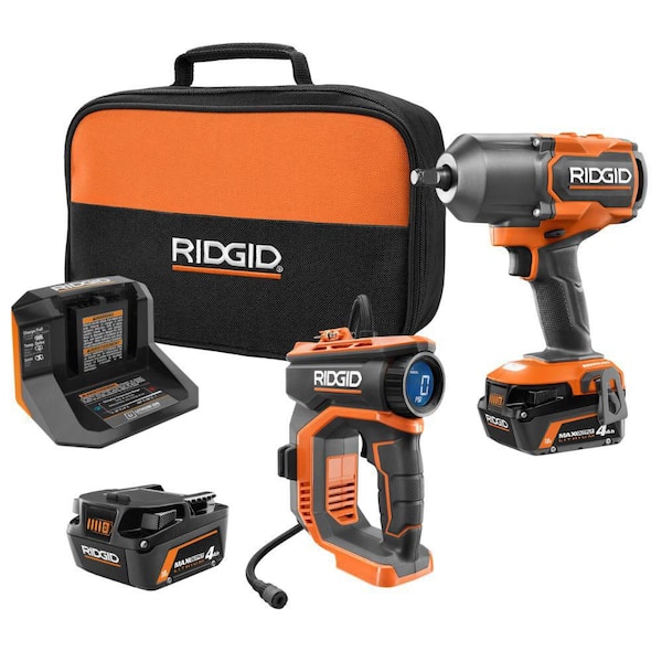 18V Brushless Cordless 4-Mode 1/2 in. High-Torque Impact Wrench Kit w/ (2) 4.0 Ah Batteries, Charger, & Digital Inflator