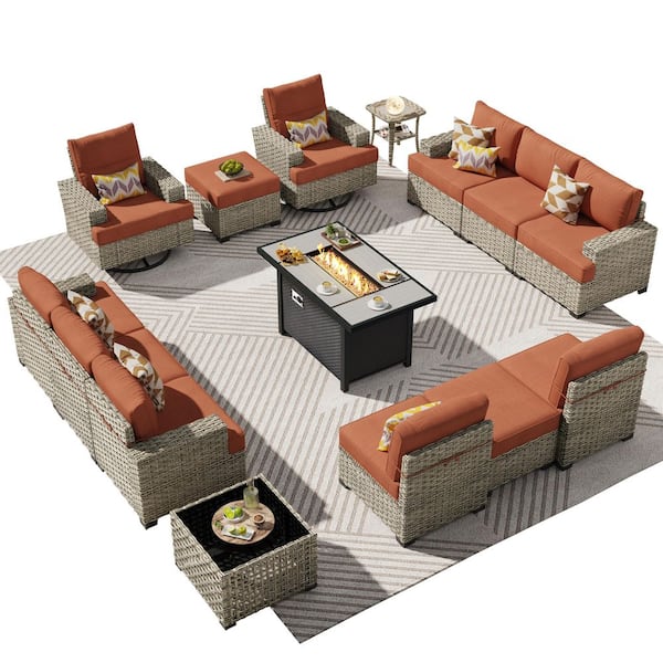 Verdantia 15 Pieces Wicker Rectangular Fire Pit Sets and Swivel Rocking Chairs with Orange Red Cushion