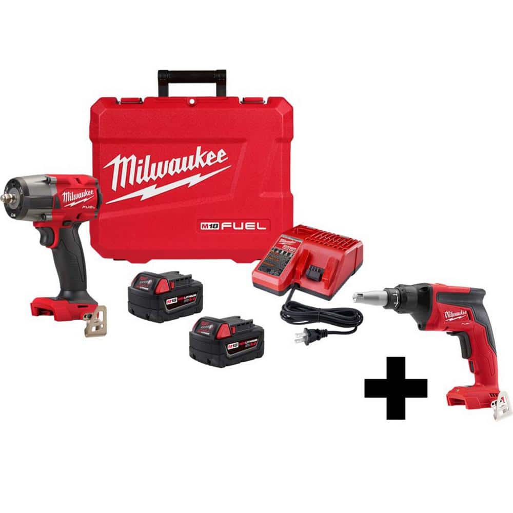 Milwaukee M18 FUEL GEN-2 18-Volt Lithium-Ion Mid Torque Brushless Cordless 3/8 in. Impact Wrench FR Kit with Drywall Screw Gun -  2960-22-28