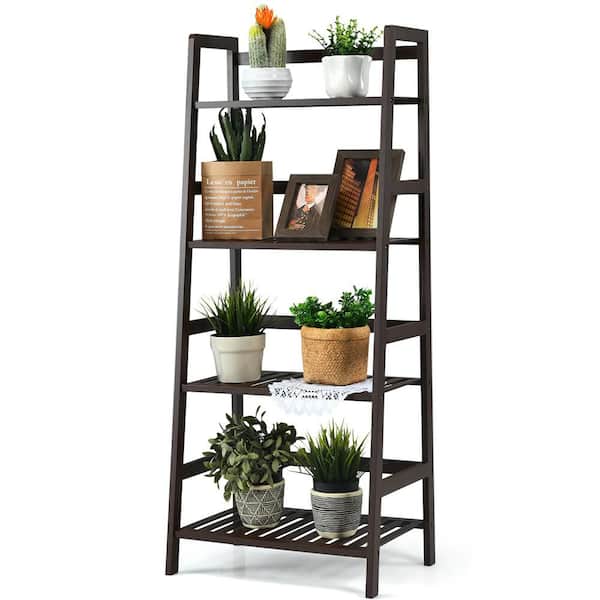 45 in. Bamboo 4-Tier Wood Ladder Shelf Plant Display Stand Rack Bookshelf Kits and Accessories in Dark Brown