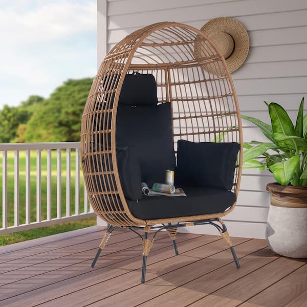 SANSTAR Wicker Egg Chair Outdoor Lounge Chair Basket Chair with Black Cushion