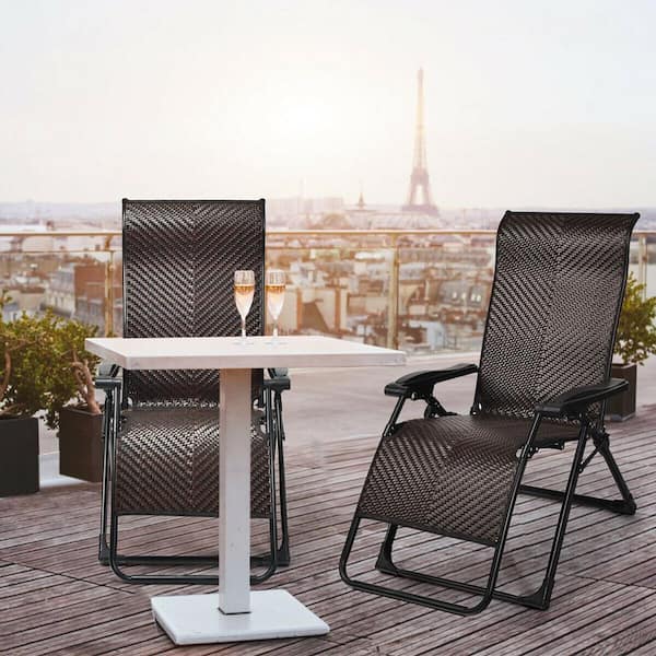 2-Pieces Folding Rattan Patio Zero Gravity Lounge Chair Recliner Adjustable Headrest