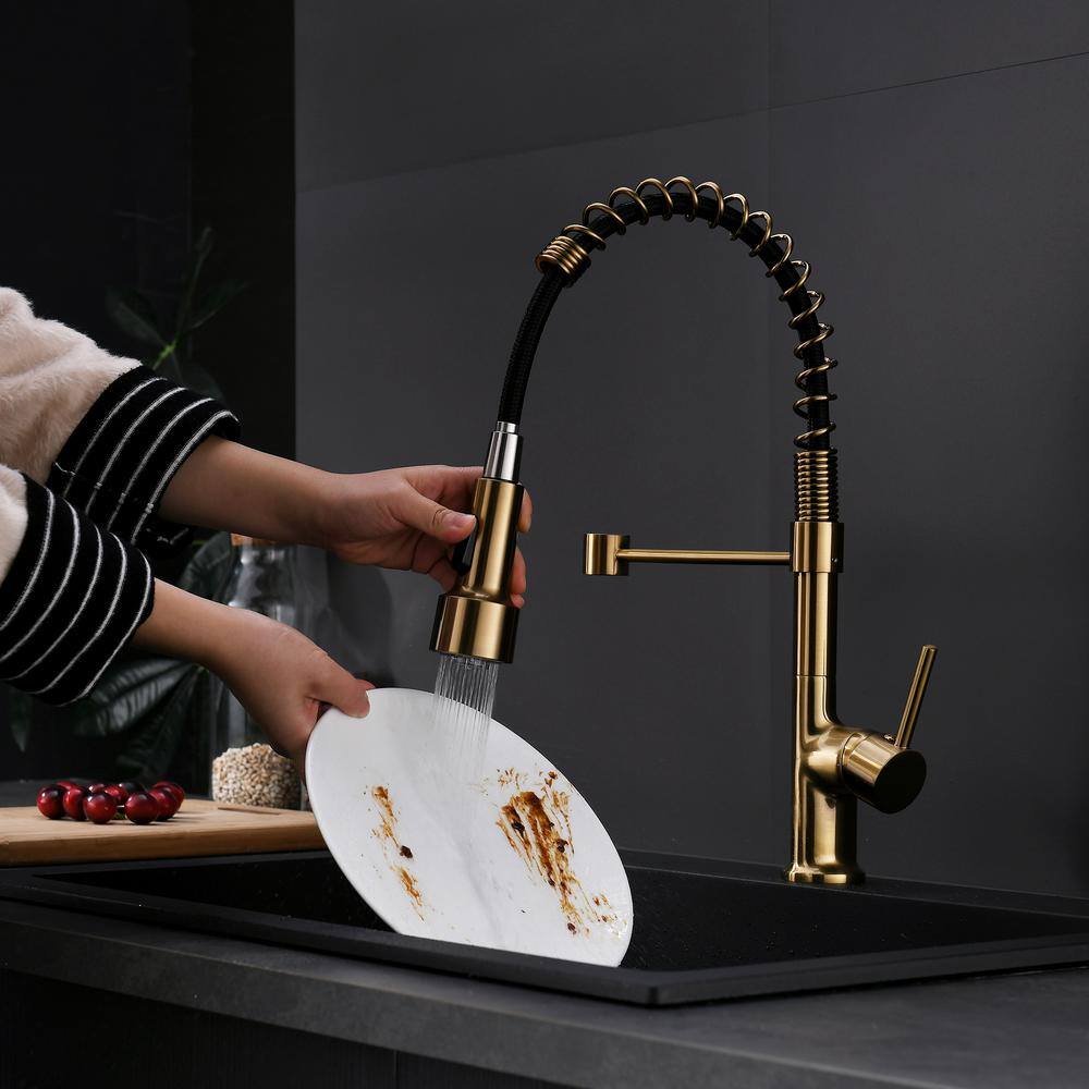 Brushed Gold Single Handle Pull Down Kitchen Faucet with LED Light