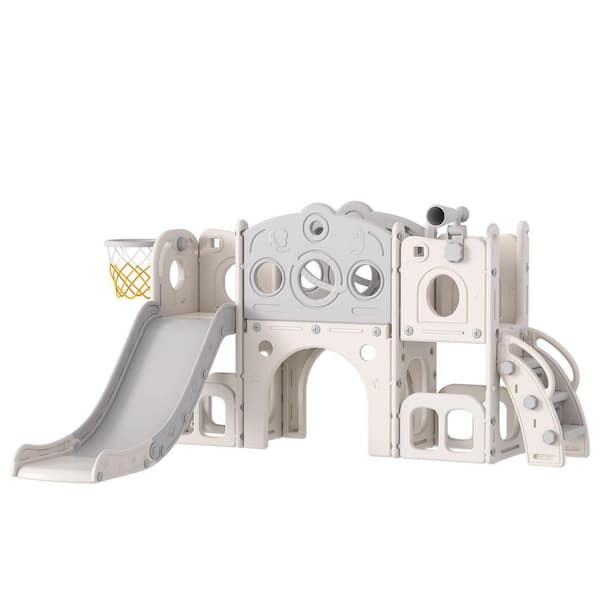 8-in-1 Toddler Slide Playset, ASTM Certified HDPE Indoor Outdoor Slide with Basketball Hoop & Tunnel for Kids 1-3