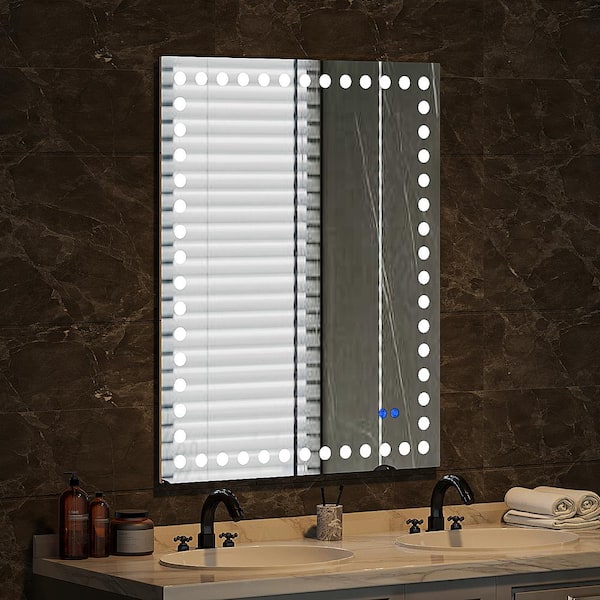 ANGELES HOME 42 in. W x 28 in. H Rectangular Frameless Wall Memory Dimmer Tri-White Front Circular Light LED Bathroom Vanity Mirror