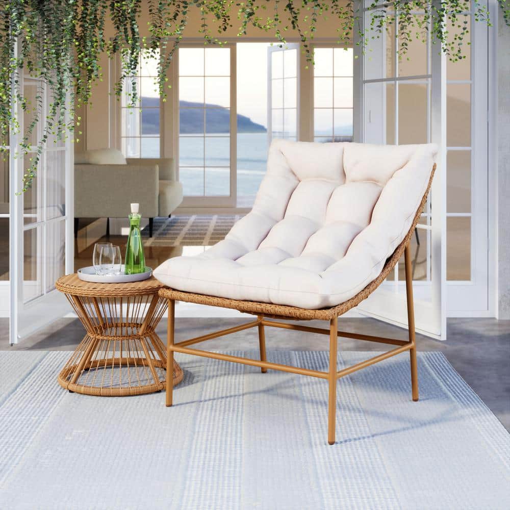 Beige and Natural Wicker Accent Chair with Cushions