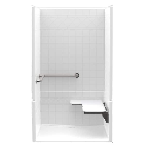 Aquatic Accessible Diagonal Tile AcrylX 42in. x 48in. x 75.1 in. 4-Piece Shower Stall with Left Seat and Grab Bars in White