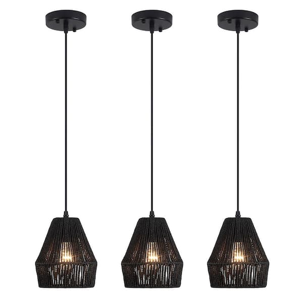 Mini 1-Light Black Finish Boho Hand-woven Natural Rattan Pendant with BlackGeometric Shade for kitchan Island (Set of 3)