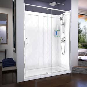 Flex 60 in. W x 34 in. D Framed Pivot Shower Door in Chrome with Right Drain White Base and Backwall Kit
