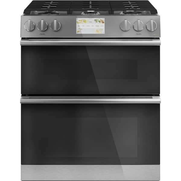 Cafe 30 in. 7.0 cu. ft. Smart Slide-In Double Oven Duel Fuel Range with Self-Cleaning Convection Oven in Platinum Glass
