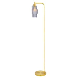 Codie 62.75 in. Brushed Gold-Colored Candlestick Floor Lamp with Cylindrical Textured Blue Glass Shade