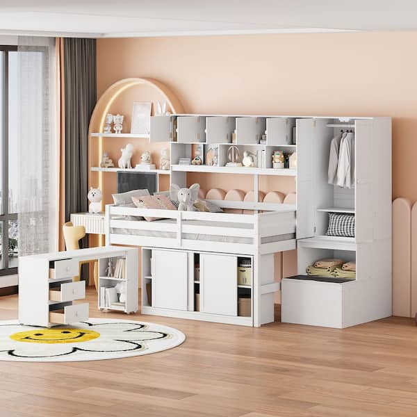 Harper & Bright Designs White Wood Frame Full Size Loft Bed with Drawers, Wardrobe, Under-bed Desk with wheels, Storage Steps, Shelves