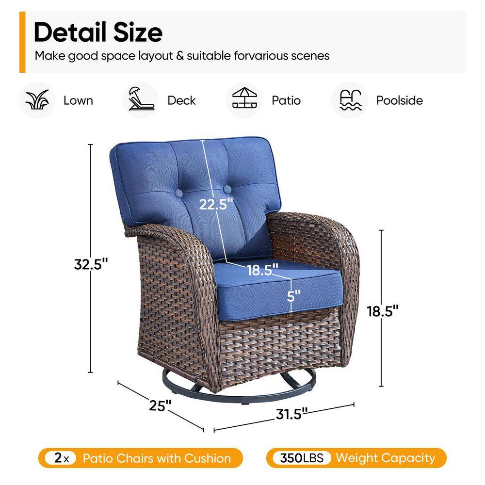 Dimension diagram of a brown wicker rocking chair with navy blue cushions.