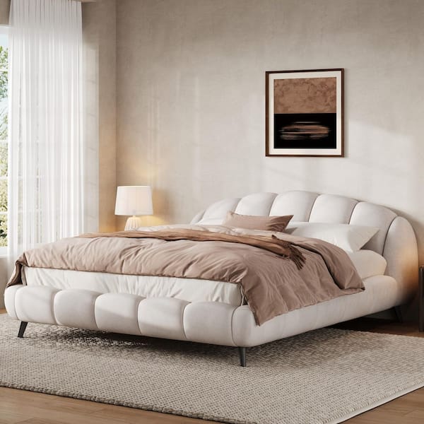 Modern Beige Chenille Fabric Upholstered Solid Wood Frame Shell Shape King Size Platform Bed with Headboard, Steel Legs