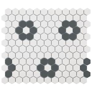 Gotham 1 in. Hex White with Black Flower 10-1/4 in. x 11-3/4 in. Porcelain Mosaic Tile (8.6 sq. ft./Case)